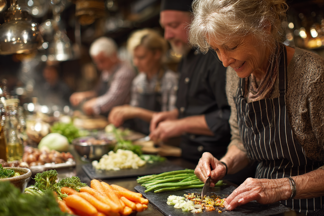 Възрастно семейство готви заедно в кухнята